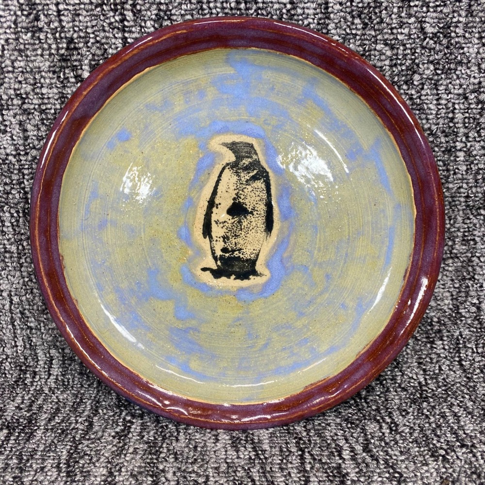 VTG Studio Art Pottery Penguin Plate Ceramic Dish Handcrafted Multi Color Glaze